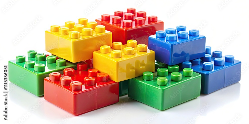 Obraz premium Close up of colorful building block toy bricks, isolated on white background, building blocks, toy, colorful