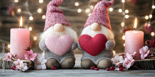 Two charming gnomes sit closely together, sharing a heart, embodying love and companionship for a delightful Valentine's Day celebration. photo