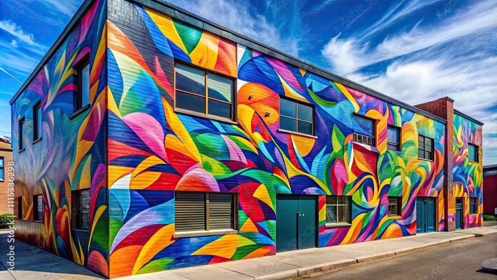 Fototapeta premium Colorful abstract mural on the exterior of a building, abstract, art, vibrant, colorful, mural, painting, urban