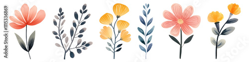 PNG Watercolor flowers and leaves set on transparent background