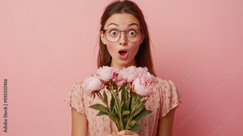 A woman with glasses smiles while holding a beautiful bouquet of flowers close to her face, radiating joy and warmth on Valentine's Day. A woman with glasses smiles while holding a beautiful bouquet of flowers close to her face, radiating joy and warmth on Valentine's Day.