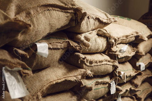 Close up of Exporting coffee beans in jute bags ready for shipment at processing facility