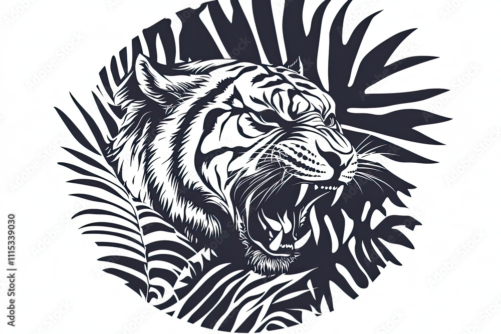 Fototapeta premium A tiger roaring with claws out jungle leaves behind circular design vector black and white simple
