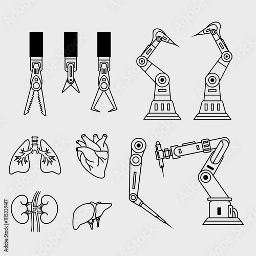 Robotic surgery tool technology illustration. Outline vector illustration icon of robot assisted surgery equipment collection.
