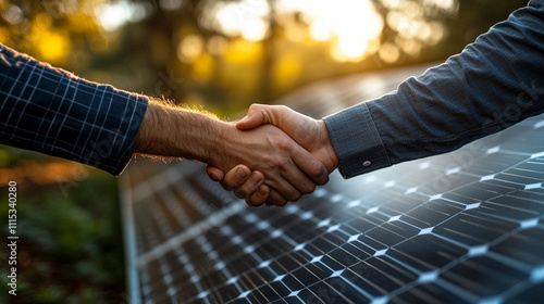 Two individuals shaking hands in front of a blurred construction site symbolizing collaboration teamwork trust and successful partnerships in building and development industries with a modern backdrop photo