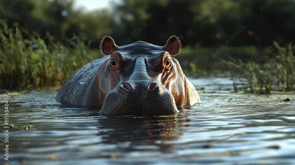 A close-up of a hippopotamus emerging from water, surrounded by lush greenery. A close-up of a hippopotamus emerging from water, surrounded by lush greenery.