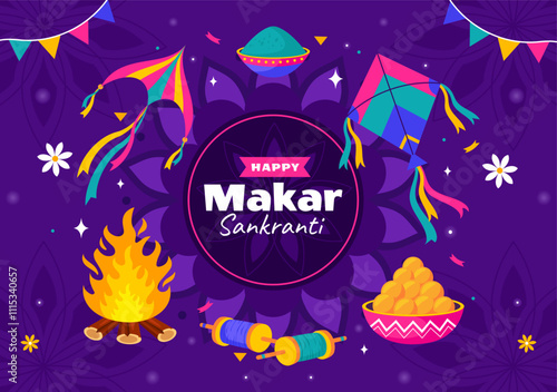 Makar Sankranti Vector Illustration. Translation the Harvest Festival. Indian Festive with Flying Colorful Kites and Festive Activity in a Background