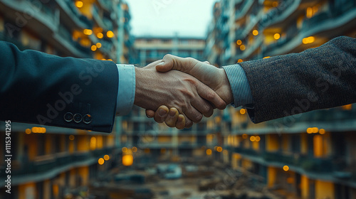 Two individuals shaking hands in front of a blurred construction site symbolizing collaboration teamwork trust and successful partnerships in building and development industries with a modern backdrop photo