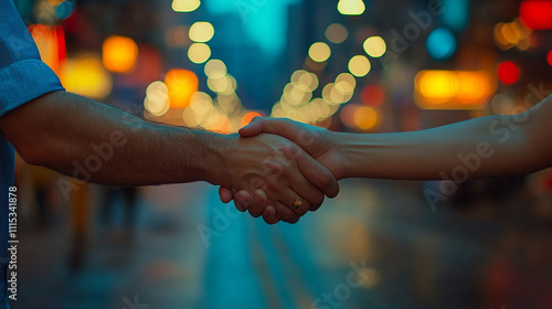 Two individuals shaking hands in front of a blurred construction site symbolizing collaboration teamwork trust and successful partnerships in building and development industries with a modern backdrop photo