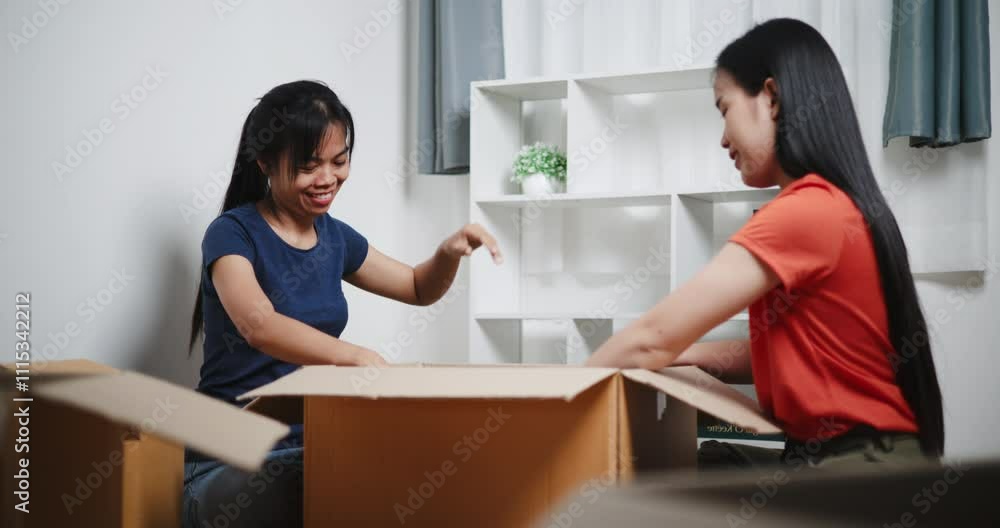 Handheld shot, Two Asian siblings sit on the floor, happily chatting as decorate shelves in their new home together. Moving to a new home concept Handheld shot, Two Asian siblings sit on the floor, happily chatting as decorate shelves in their new home together. Moving to a new home concept