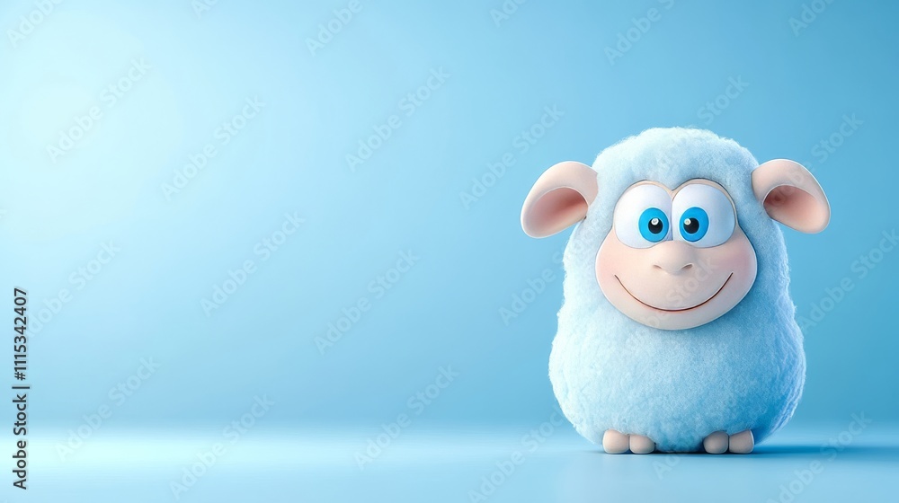 Fototapeta premium Cute 3D Cartoon Sheep with Blue Background and Friendly Expression