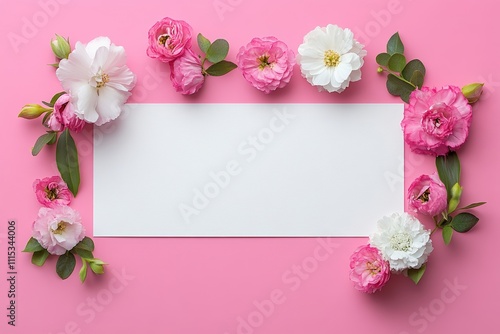 A delicate white paper is elegantly arranged among soft pink flowers, set against a gentle pink background, embodying a romantic Valentine's Day theme.