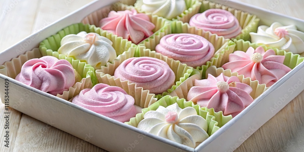 Close up of homemade marshmallows shaped like flowers in an open box , homemade, marshmallows, flowers, open, box, sweet Close up of homemade marshmallows shaped like flowers in an open box , homemade, marshmallows, flowers, open, box, sweet