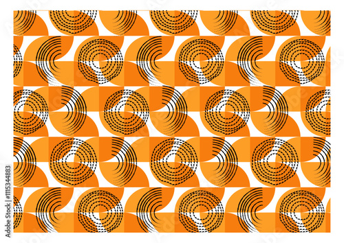 Abstract yellow & orange circular geometric line seamless repeat pattern print AOP. Wallpaper, Background