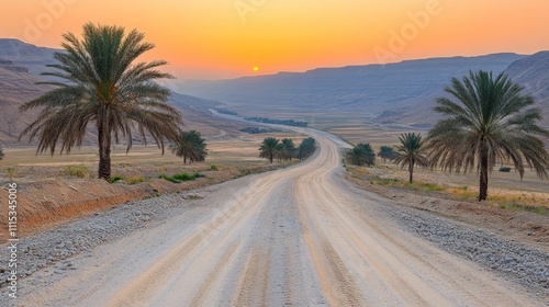 Desert sunrise over winding road with palm trees.
