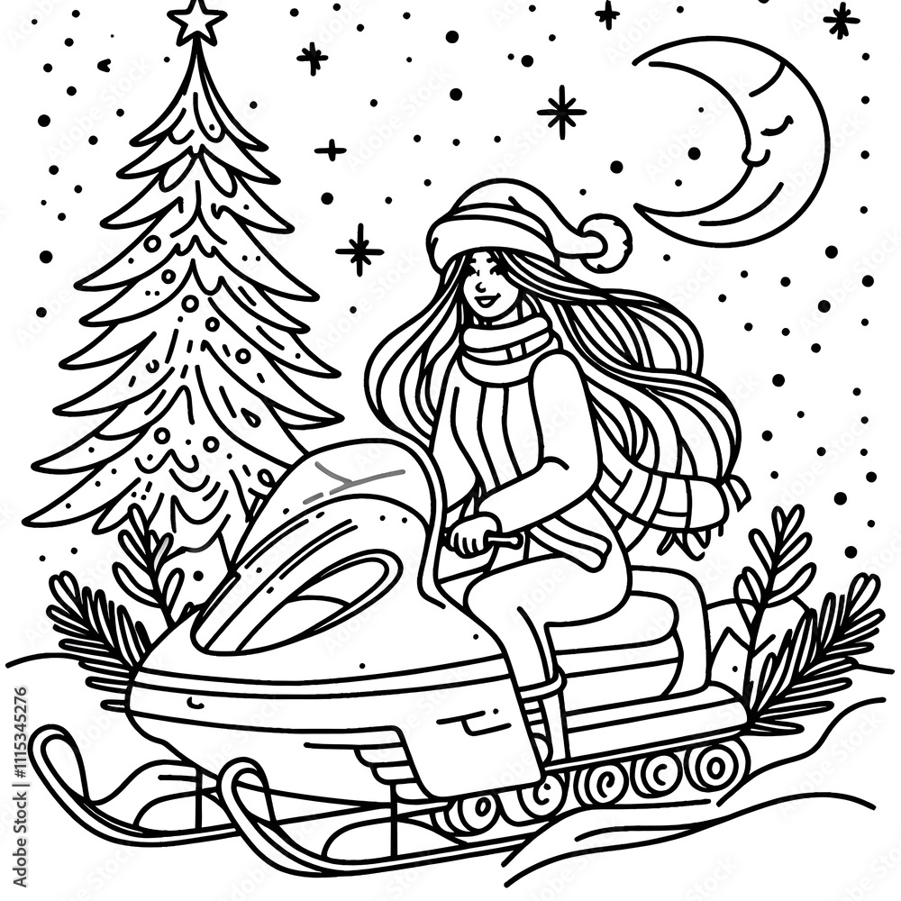 Obraz premium Blank coloring book illustration, a woman wearing a Christmas hat is riding a ski car.