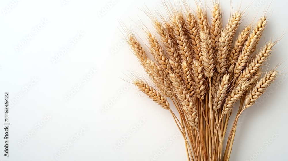 Fototapeta premium Dried wheat stalks arranged on a white background.