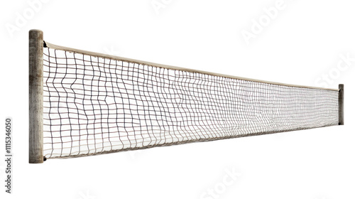 A tennis net stretched between two posts, designed for use in tennis matches, marking the center of the court.