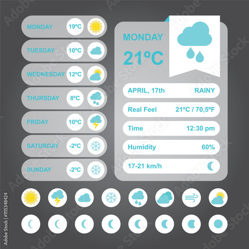 vector art design of weather forecast, application of science and technology to predict the conditions of the atmosphere based location and time, sunny, rainy, winter, summer, humidity, temperature