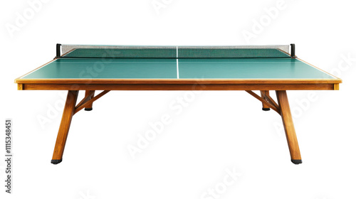 A wooden table tennis table with a green surface and net, designed for playing table tennis.