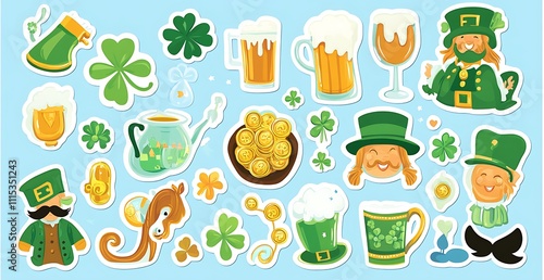 St. Patrick's Day sticker sheet featuring leprechauns and rainbows, the Irish flag, green hats photo