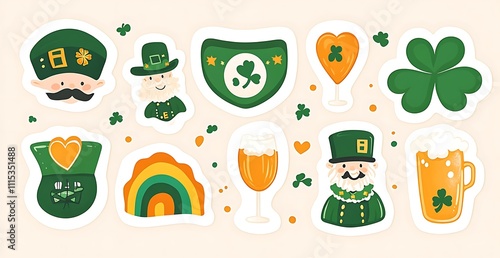 St. Patrick's Day sticker sheet featuring leprechauns and rainbows, the Irish flag, green hats photo