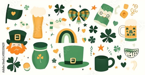 St. Patrick's Day sticker sheet featuring leprechauns and rainbows, the Irish flag, green hats photo