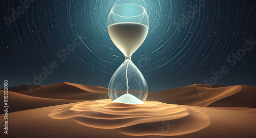 Surreal Hourglass with Liquid Light in Moonlit Desert Under Starry Sky photo