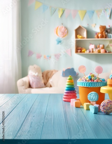 A colorful and cheerful children’s playroom with pastel decorations, soft lighting, playful toys, and festive elements that create a joyful and imaginative atmosphere