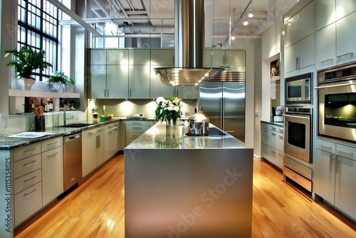 An urban kitchen with sleek cabinets and stai photo