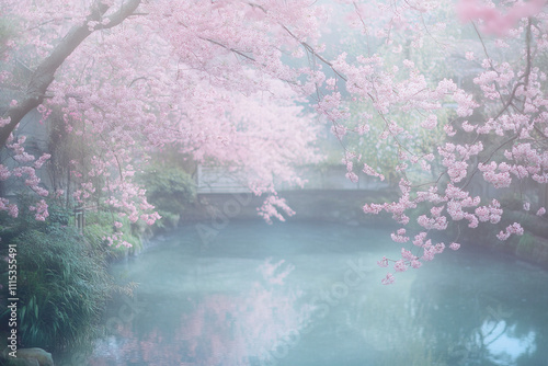 Beautiful cherry blossom reflections in serene lake during springtime in a tranquil nature setting