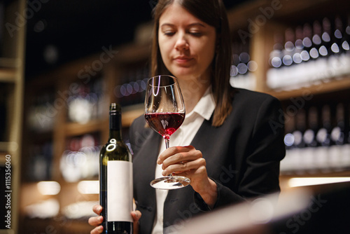 Professional sommelier holding bottle and glass, tasting red wine studying to color, standing in cellar of shop or restaurant. photo