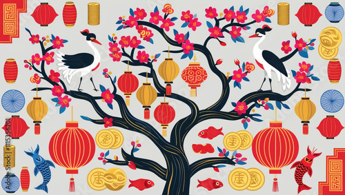 illustration of Seamless cartoon pattern of birds and flowers in bright colors for children