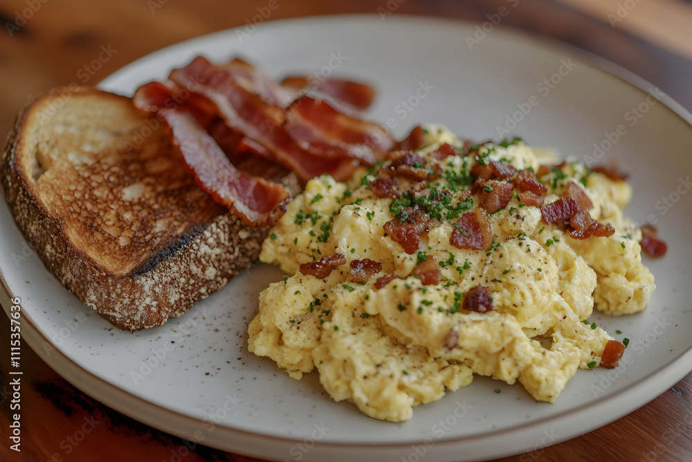 Scrumptious Scrambled Eggs with Crispy Bacon and Toast - A Realistic Food Image Scrumptious Scrambled Eggs with Crispy Bacon and Toast - A Realistic Food Image