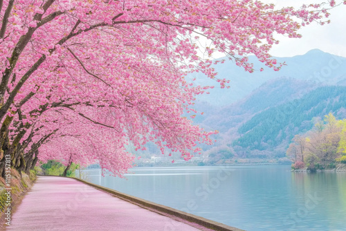 Colorful spring landscape with blooming cherry blossom trees in a serene park setting during bright daylight hours