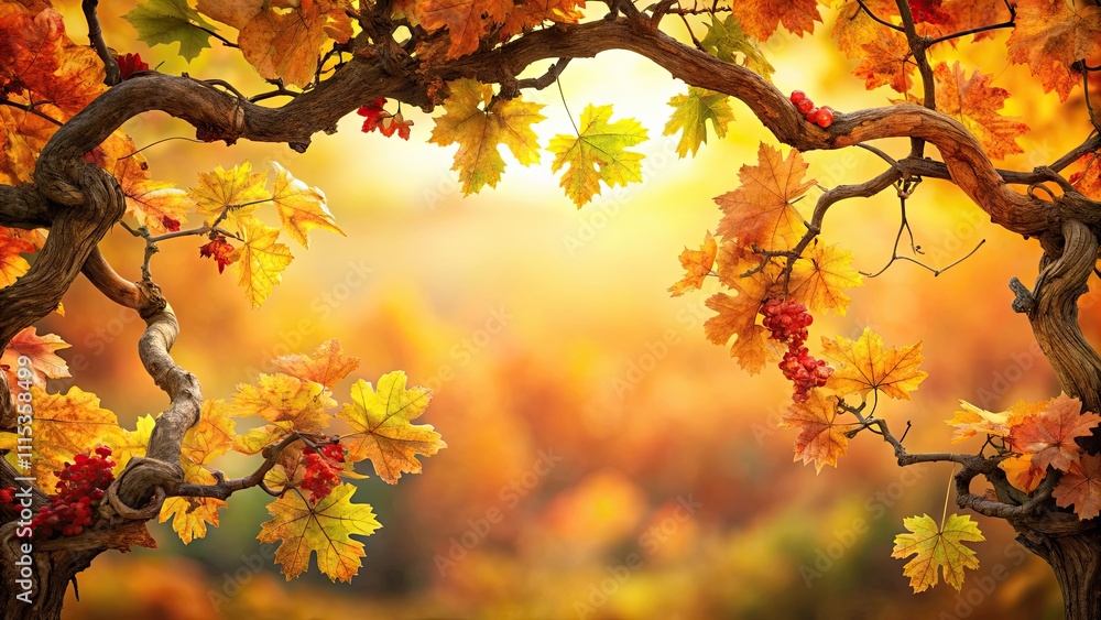 Fototapeta premium Autumn Vine Entwined with Oak Branches, falling leaves, autumn vines, oak branches, forest foliage