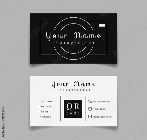 Photographer business card Template in black. Horizontal design with text on both sides and line camera in clean and modern style. Acquaintance for photo shoot. Branding identity and presentation.