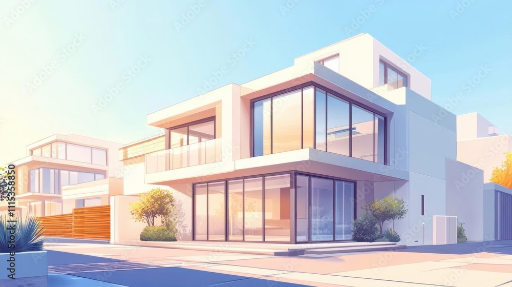Modern architectural design featuring large glass windows and clean lines. Modern architectural design featuring large glass windows and clean lines.