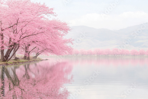 Colorful spring landscape with blooming cherry blossom trees in a serene park setting during bright daylight hours