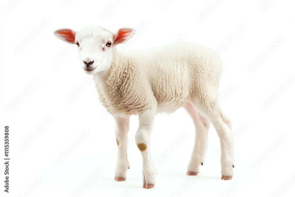 Fototapeta premium A Young Lamb Stands Against A White Background