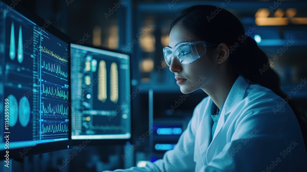 Focused Scientist Analyzing Data on Computer Screens Focused Scientist Analyzing Data on Computer Screens