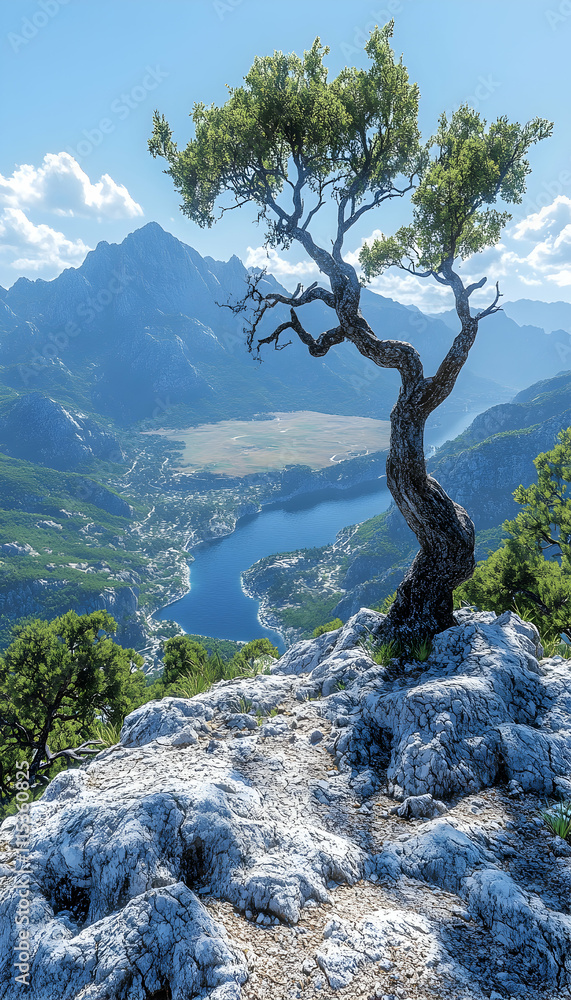 Obraz premium Solitary tree on rocky cliff overlooking mountain lake and valley.