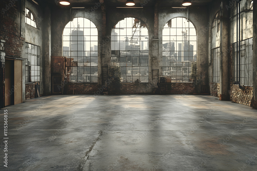 Fototapeta premium Spacious industrial loft interior with large windows offering city view.