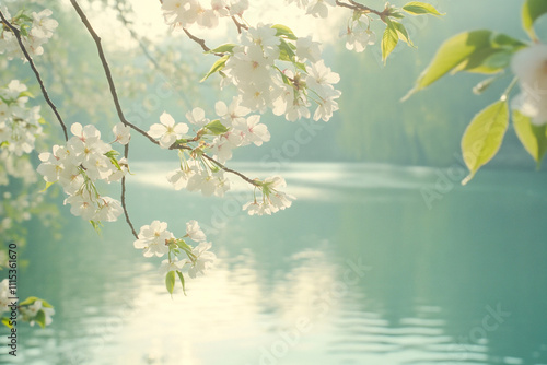 Beautiful cherry blossoms bloom against a serene blue background in springtime