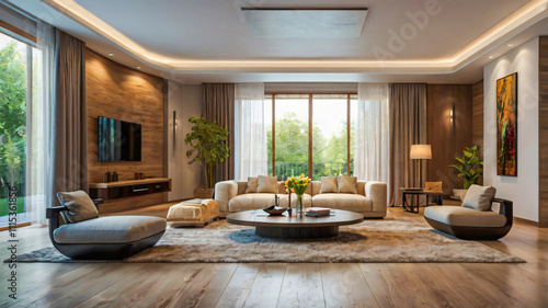 Wallpaper Mural hall= A Dramatic view of a Modern Living Room with ample natural light and bold colors with Interior decor design for creating space that feels cozy and inviting. Torontodigital.ca