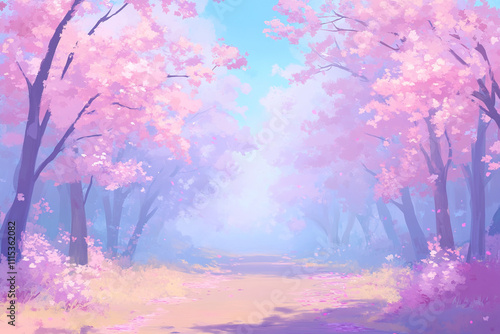 Colorful spring landscape with blooming cherry blossom trees in a serene park setting during bright daylight hours