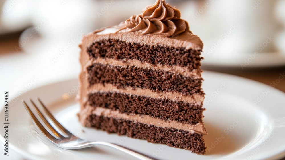 A slice of chocolate cake with layers and frosting on a plate. A slice of chocolate cake with layers and frosting on a plate.