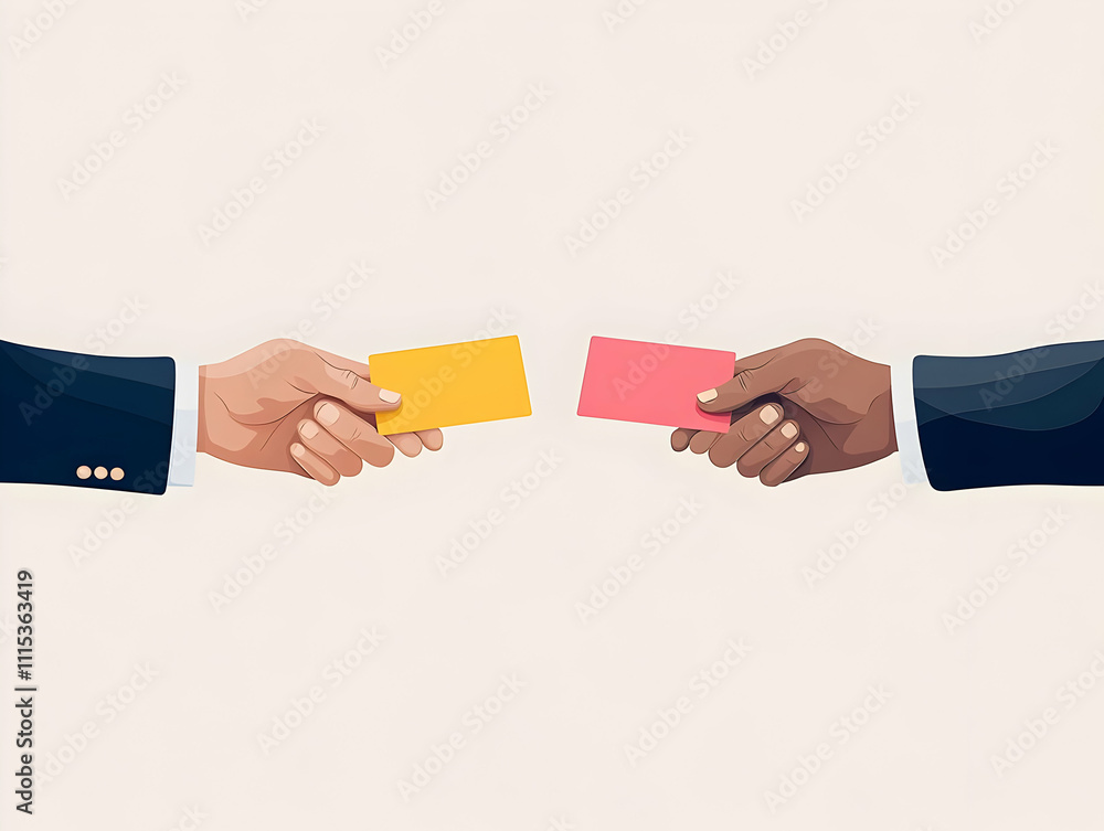 Obraz premium Candid Close-Up of Professionals Exchanging Business Cards at Networking Event