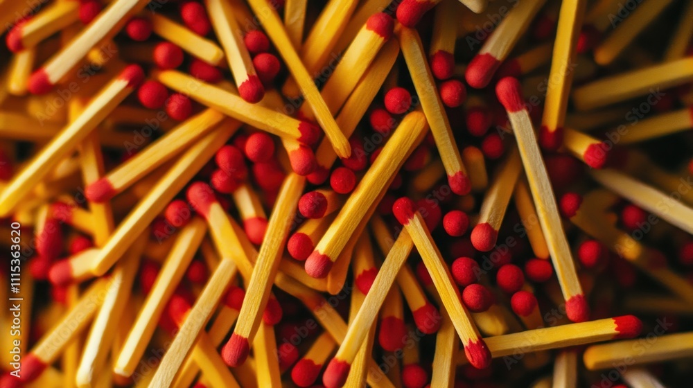 A close-up view of a pile of matchsticks with red tips, showcasing their arrangement. A close-up view of a pile of matchsticks with red tips, showcasing their arrangement.