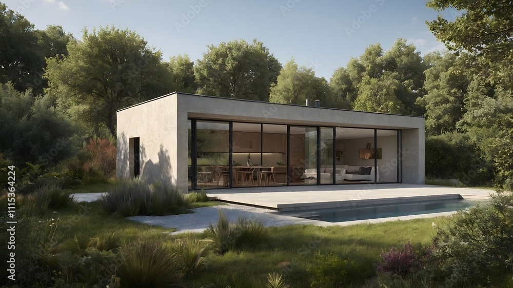 Fototapeta premium AI-generated luxury hotel-style modern house featuring French-inspired country interiors, blending minimalist architecture, natural materials, and striking outdoor settings for dynamic, market-ready s